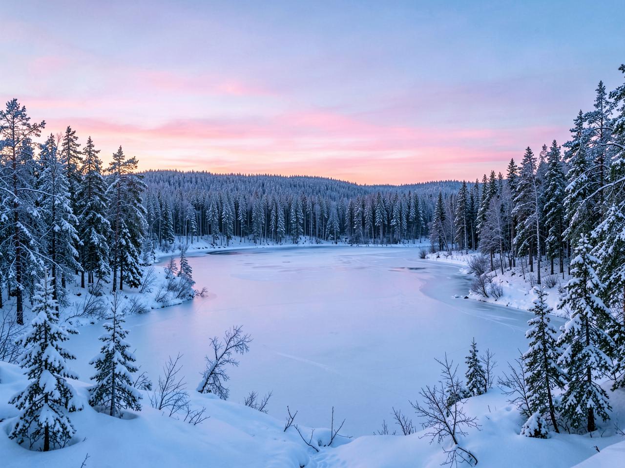 Snowy Finnish forest around a frozen lake at dawn