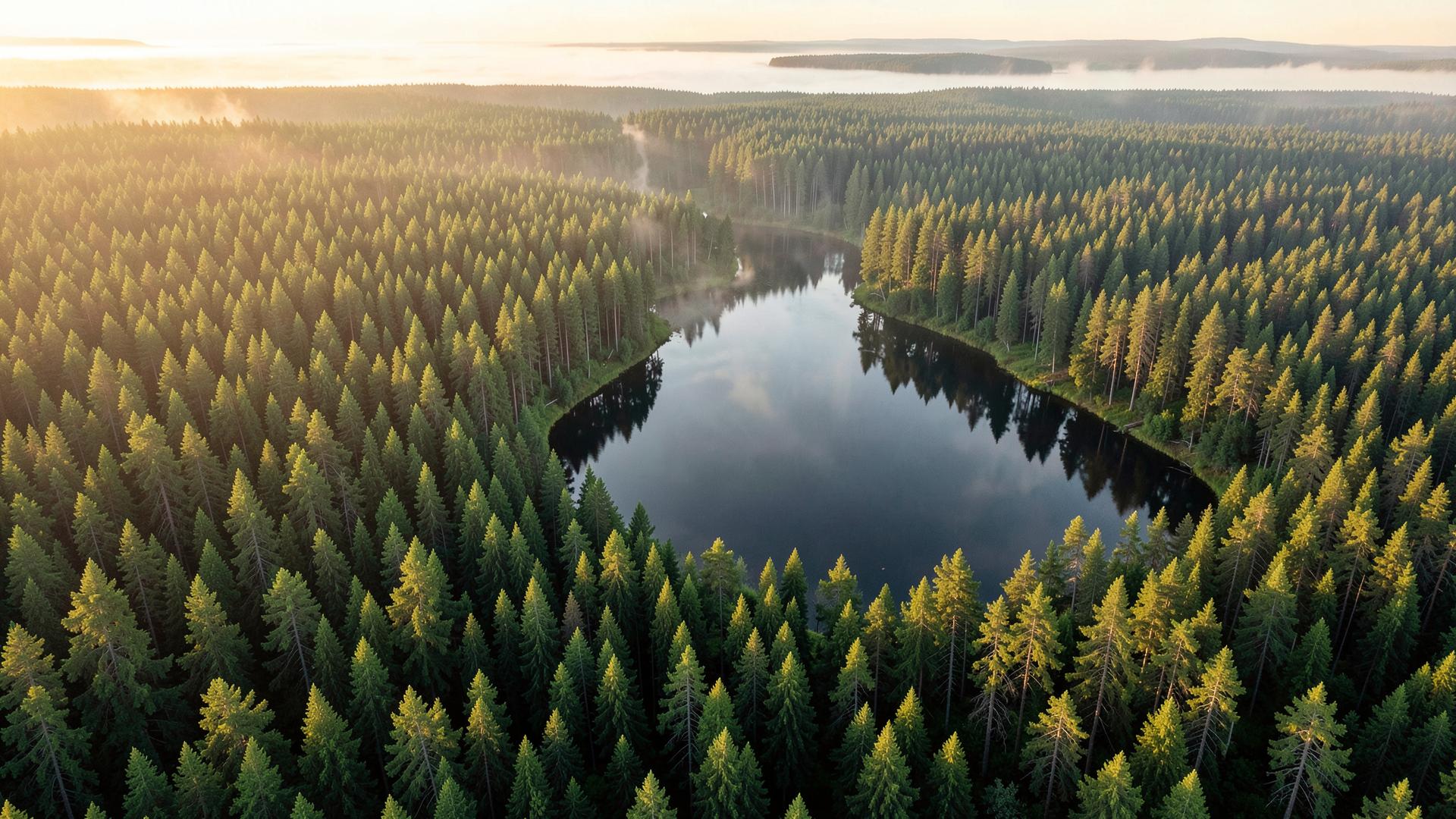 Aerial view of a Finnish forest with a lake at sunrise